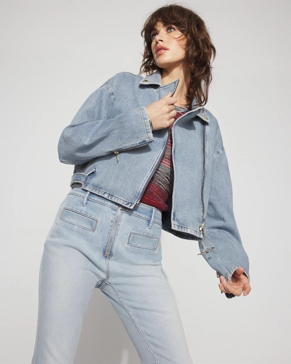 ジャケット・アウター NO MASS PROD Cropped Moto denim jacket Miss Sixty Denim Zipper Crop Moto Jacket